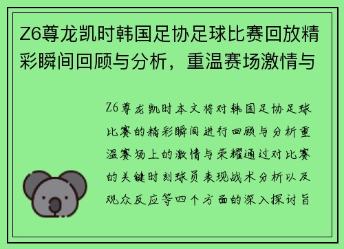Z6尊龙凯时韩国足协足球比赛回放精彩瞬间回顾与分析，重温赛场激情与荣耀