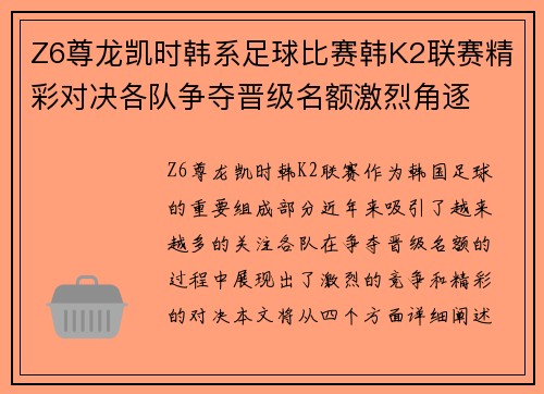 Z6尊龙凯时韩系足球比赛韩K2联赛精彩对决各队争夺晋级名额激烈角逐