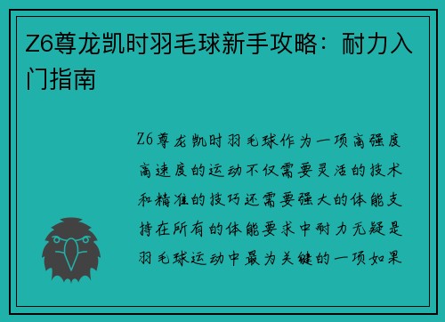 Z6尊龙凯时羽毛球新手攻略：耐力入门指南