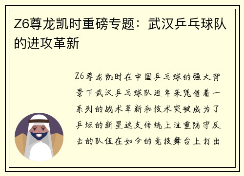 Z6尊龙凯时重磅专题：武汉乒乓球队的进攻革新